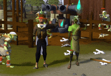 a screenshot of a video game shows a man and a woman standing in front of a cannon