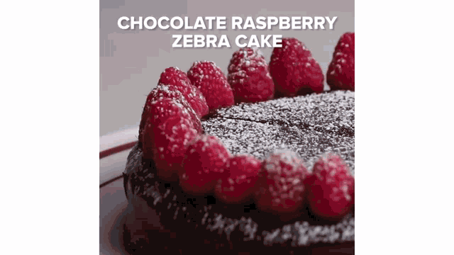 a chocolate cake with raspberries and powdered sugar on top
