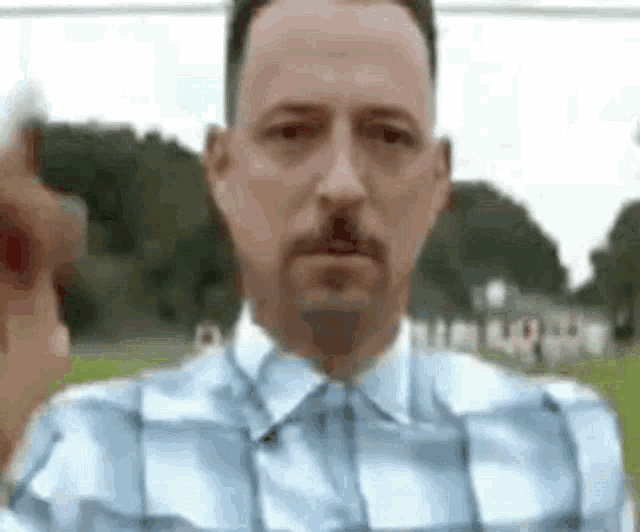 a man with a beard and mustache is wearing a blue plaid shirt .