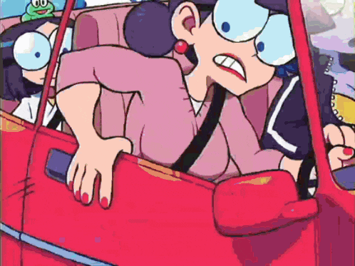 a cartoon of a woman driving a car with a frog in the back seat