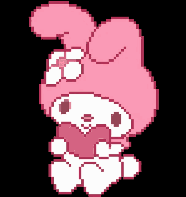 a pixel art drawing of a pink bunny holding a pink heart