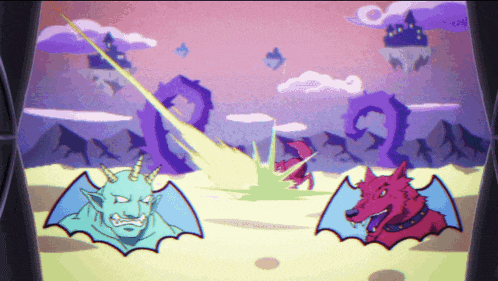 a cartoon of two monsters fighting each other with a purple castle in the background