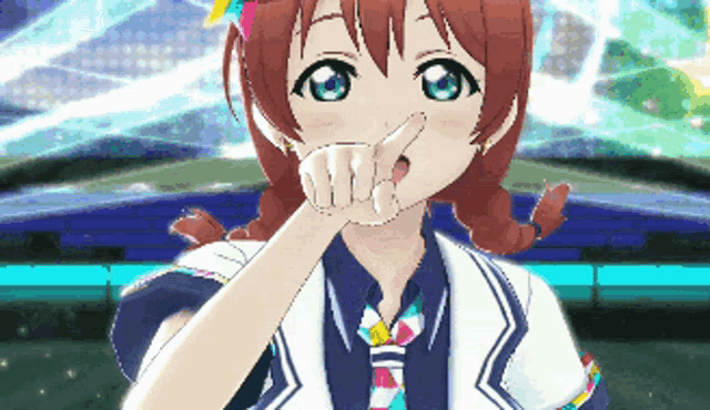 a girl with red hair and blue eyes is wearing a tie