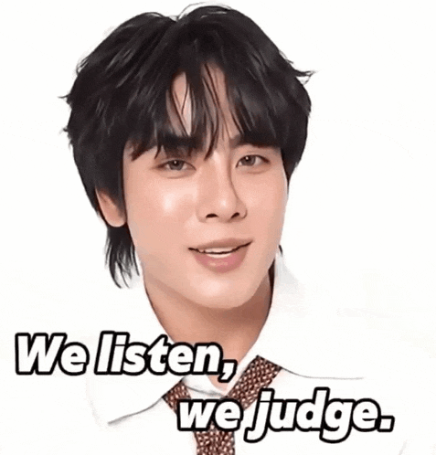 a man in a white shirt and tie with the words we listen we judge