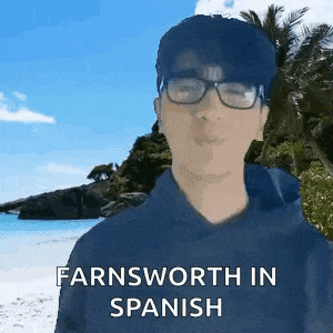 a man wearing glasses is standing in front of a beach with the words farnsworth in spanish .