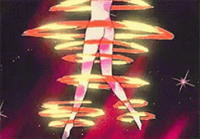 a cartoon character is surrounded by red and yellow rays of light
