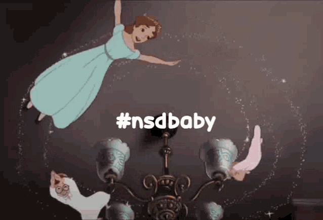 a cartoon of a woman in a blue dress flying over a chandelier