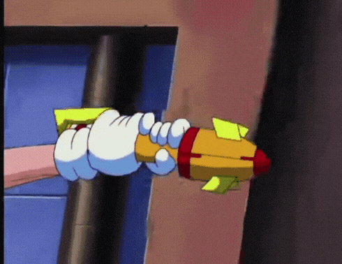 a cartoon character is holding a yellow and red toy rocket