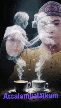 a man smoking a cigarette next to two cups of coffee and the words assalamualaikum