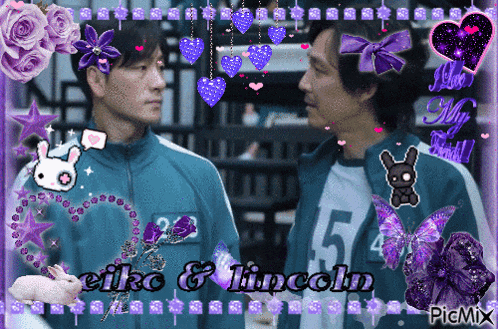 a couple of men standing next to each other with the words " eiko & lincoln " in the corner