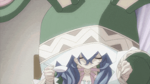 a girl with blue hair is wearing a green hat and holding a spoon