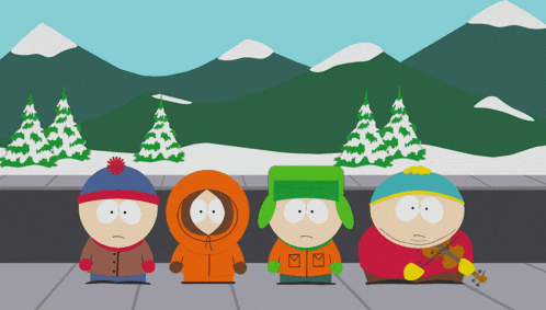 a group of south park characters are standing on a sidewalk