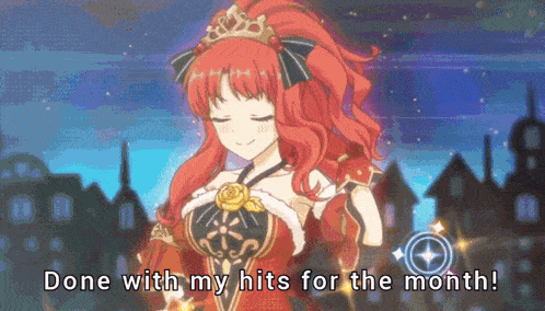 a cartoon of a girl with red hair and the words done with my hits for the month below her
