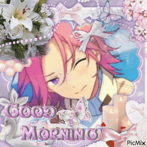 a picture of a girl with pink hair and the words good morning on the bottom
