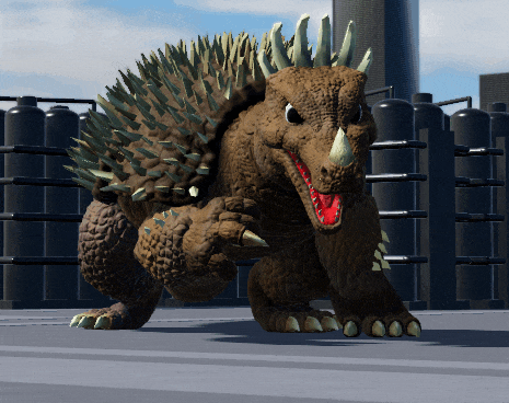 a dinosaur with spikes on its back and a red mouth is standing in front of a fence