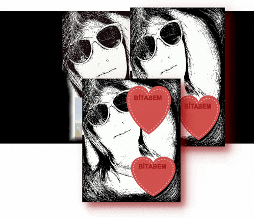 a black and white drawing of a woman wearing sunglasses and a red heart with the word bitabem on it