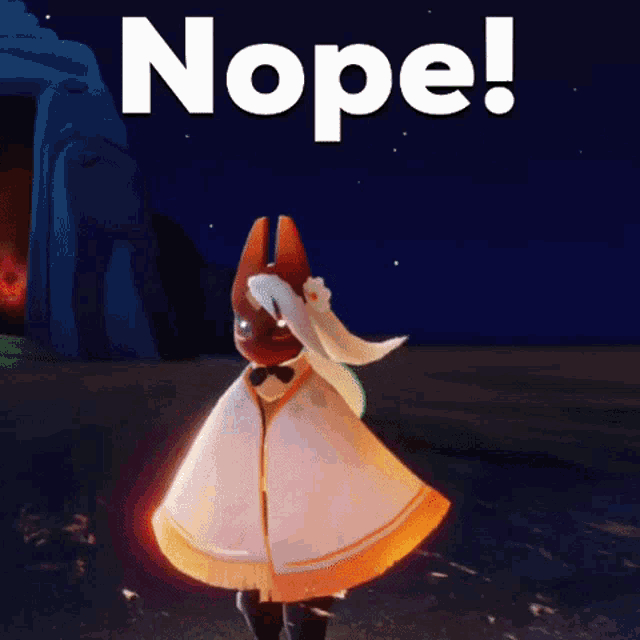a video game character is standing in front of a sign which says nope
