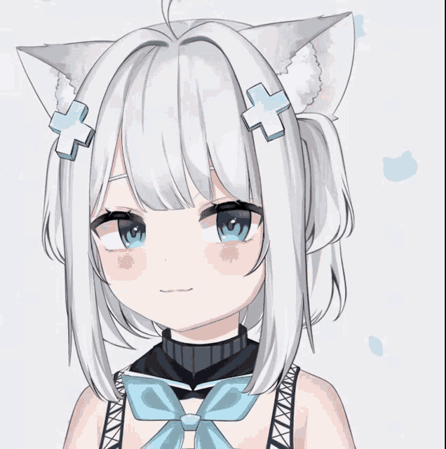 a girl with white hair and blue eyes is wearing a cat ear