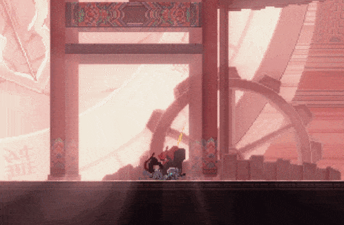 a pixel art drawing of a building with chinese writing on the wall