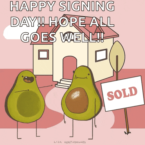two avocados are standing in front of a house and a sold sign