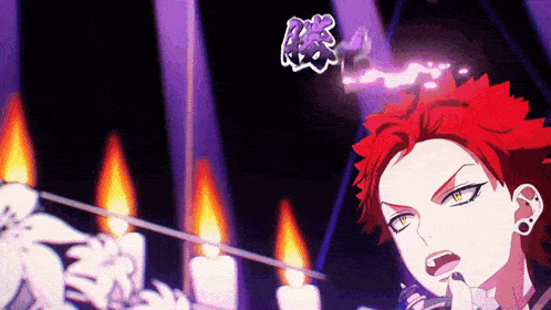 a cartoon character with red hair is standing in front of candles and a purple background .