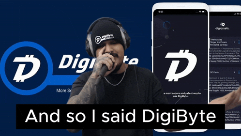 a man singing into a microphone with the words and so i said digibyte behind him
