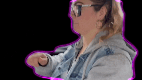 a woman wearing glasses and a denim jacket with a pink outline around her