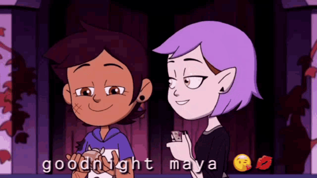 two cartoon characters are standing next to each other and the words goodnight maya are visible