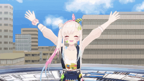 a cartoon girl with her arms outstretched is smiling