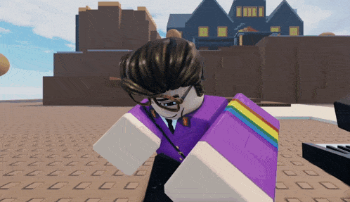 a cartoon character wearing a purple shirt with a rainbow striped sleeve