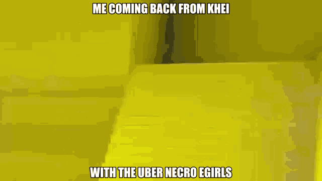 a yellow background with the words me coming back from khei with the uber necro egirls written on it