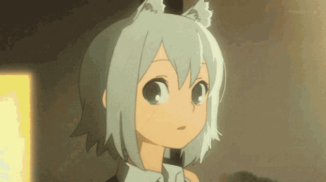 a girl with a cat ear on her head looks up at something