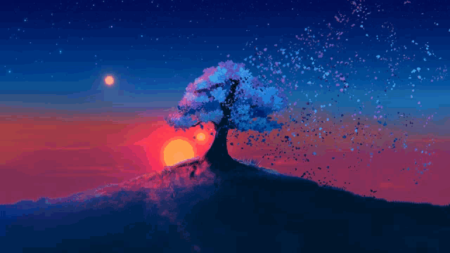a painting of a tree with the sun in the background