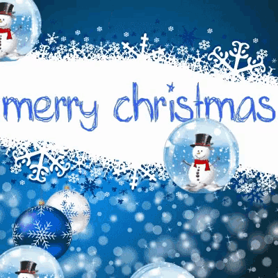 a merry christmas greeting card with snowmen and balls