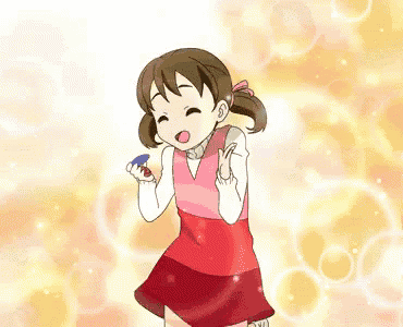 a cartoon girl in a red skirt and white shirt is smiling