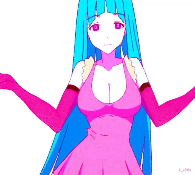 a girl with blue hair making a heart with her hands