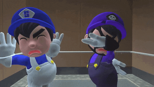 two cartoon characters are standing next to each other with one wearing a blue hat with the letter p on it
