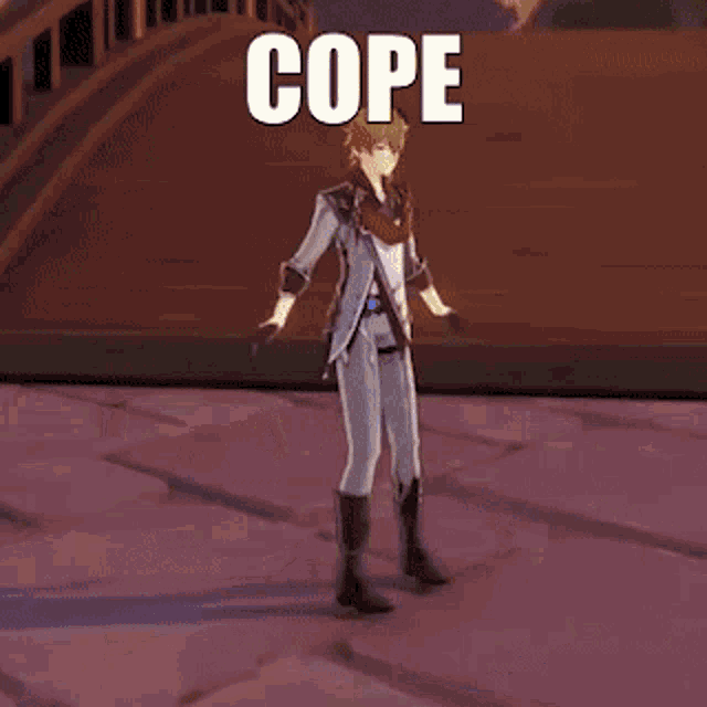a video game character is standing in front of a bridge with the word cope written on the bottom .