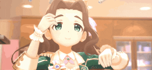a cartoon girl with long brown hair and green eyes adjusts her eyebrows