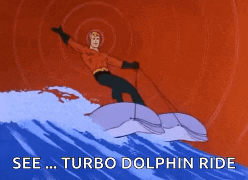 a cartoon of aquaman riding a dolphin on a wave .