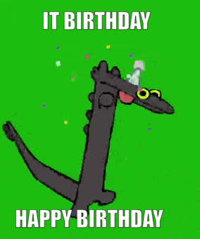 a cartoon of a dinosaur with the words it birthday happy birthday on a green background