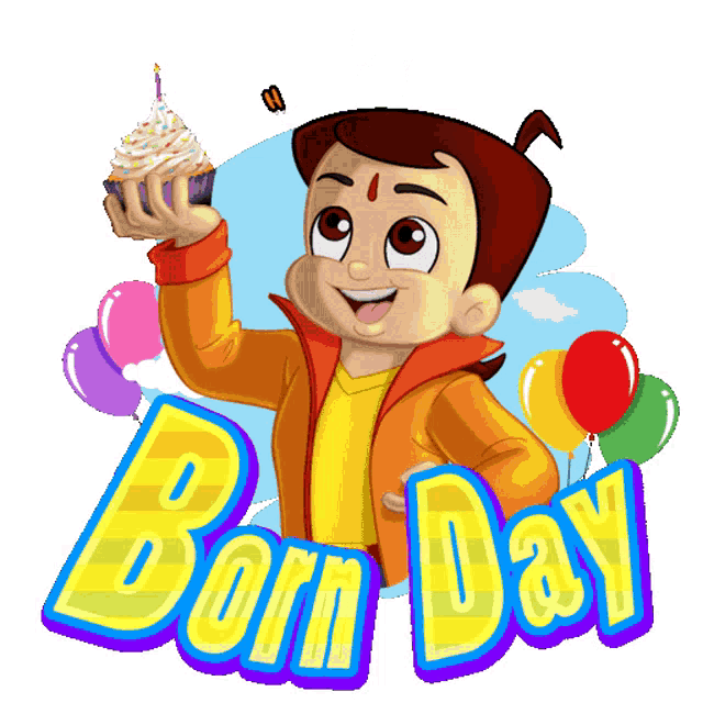 a cartoon of a boy holding a cupcake with the words bon day written below him