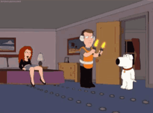 a cartoon of a woman sitting on a bed and a man holding a light