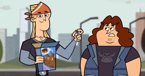 two cartoon characters are standing next to each other one is holding a box of dog food