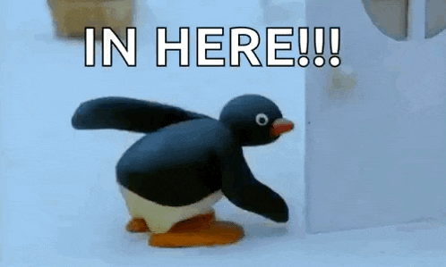 a cartoon penguin is walking in the snow and says `` in here !!! ''