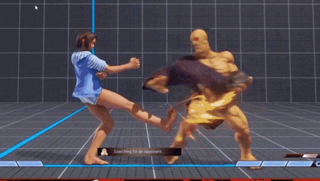 a woman kicking a man in a video game with the words searching for an opponent on the bottom