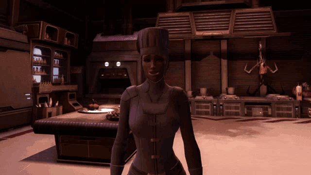 a woman in a chef hat stands in a kitchen