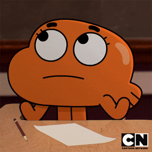 darwin from the amazing world of gumball is sitting at a desk with a piece of paper and a pencil
