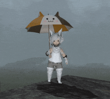 a little girl is holding an umbrella that has a cat face on it
