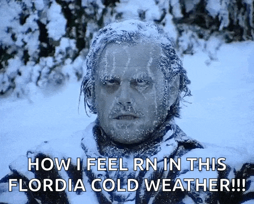 a man with ice on his face says how i feel rn in this floria cold weather